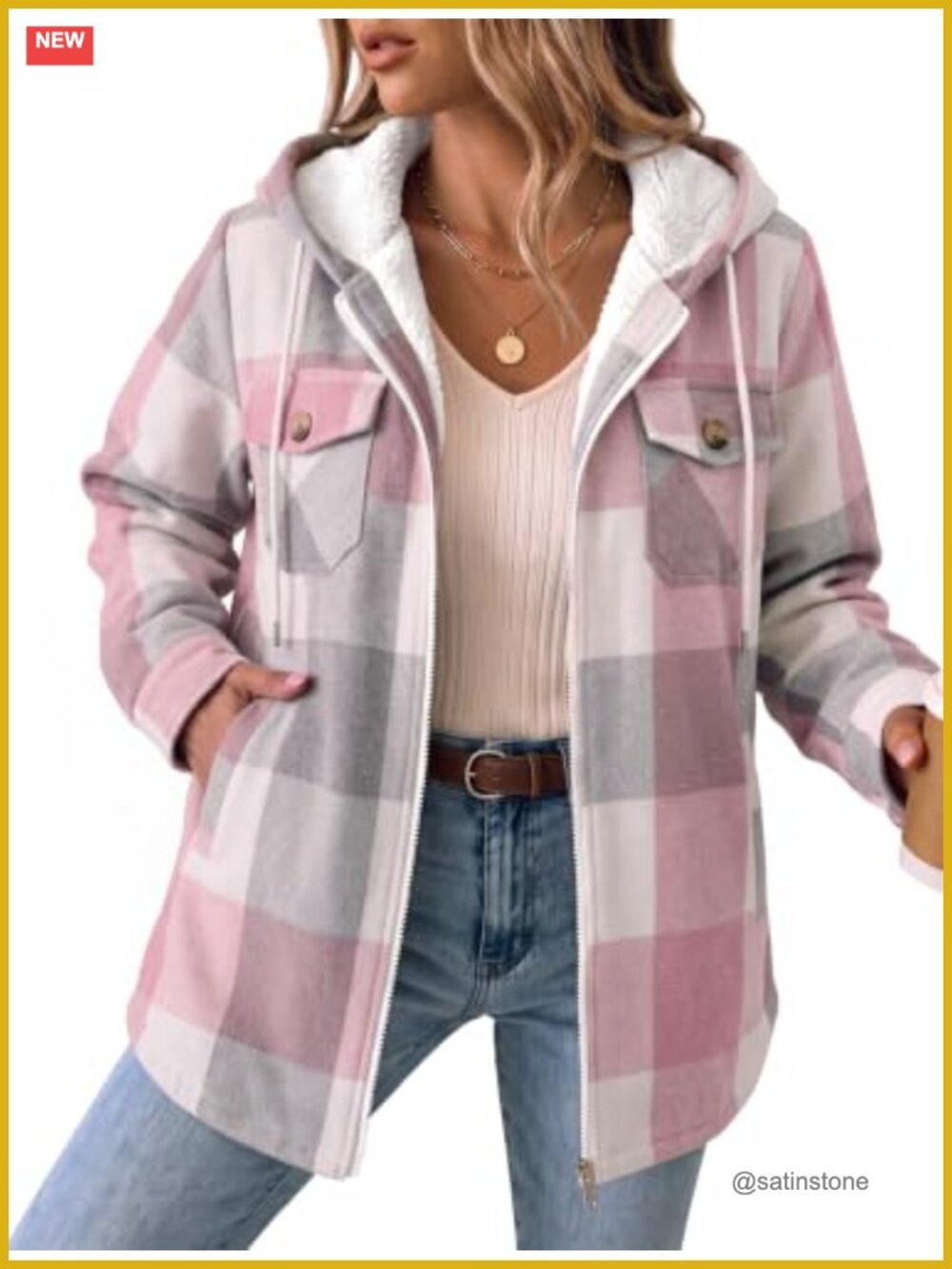 Women's Plaid Flannel Fleece Lined Hooded Shacket Winter Jacket with Pockets Zip